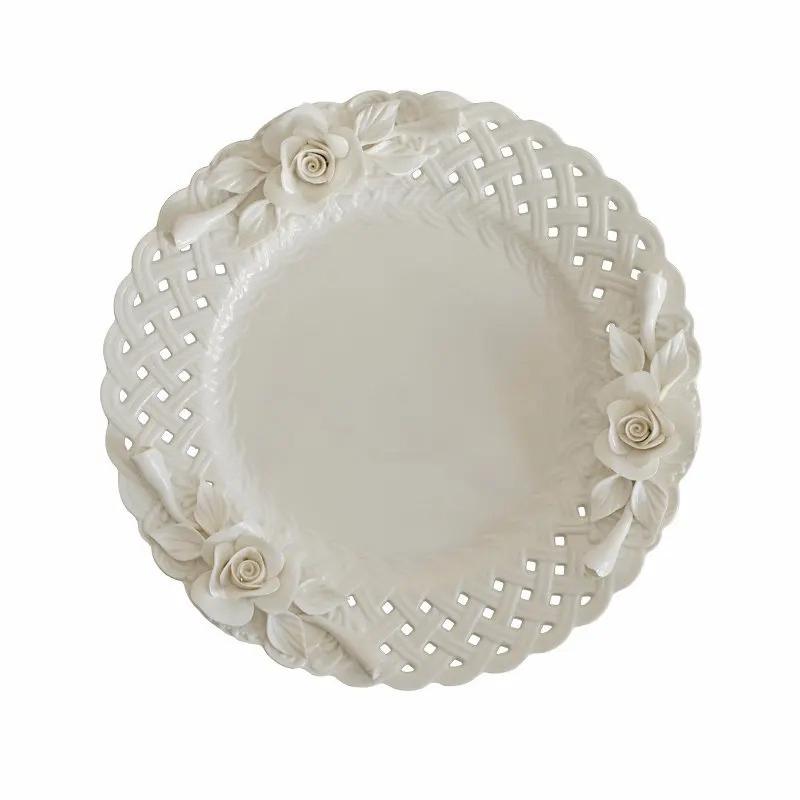 Prato de Jantar Ocidental de Cerâmica de 10" Estilo Fino da Corte Europeia Prato Floral de Rosa Amassado à Mão Prato de Coleção de Arte Pratos de Alta Qualidade