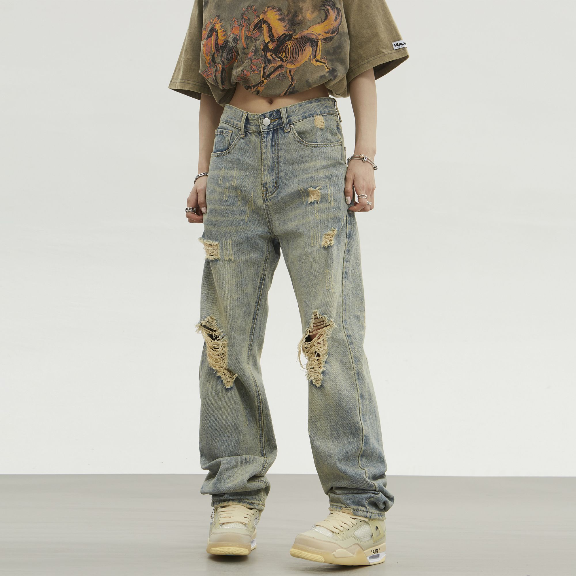 

Американские уличные старые рваные джинсы в стиле ретро, ​​мужские нишевые дизайнерские модные свободные прямые джинсовые брюки для мужчин и женщин XL