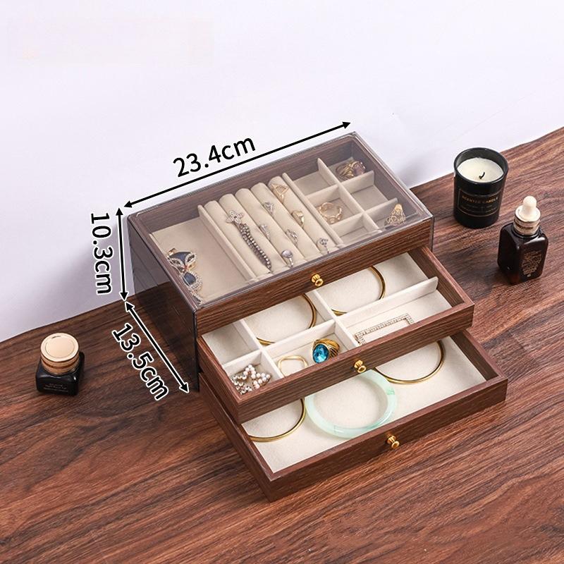 Vintage Walnut Jewelry Organizer Earrings Necklace Dust Jewelry Box Home Desktop Large Capacity 3 Layer Jewelry Box