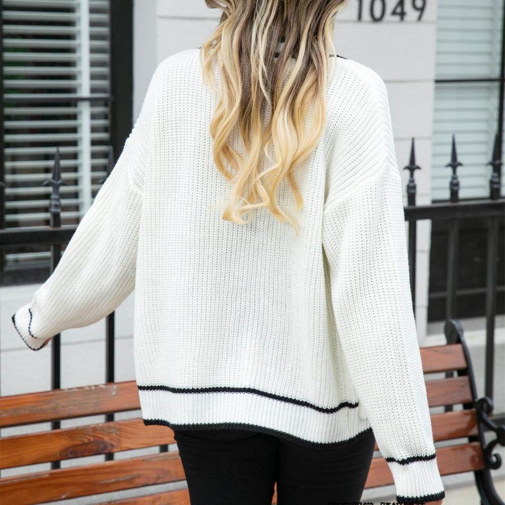 2023 Women's Casual Sweater Large Size Color Matching Pocket Coat V-neck Loose Sweater