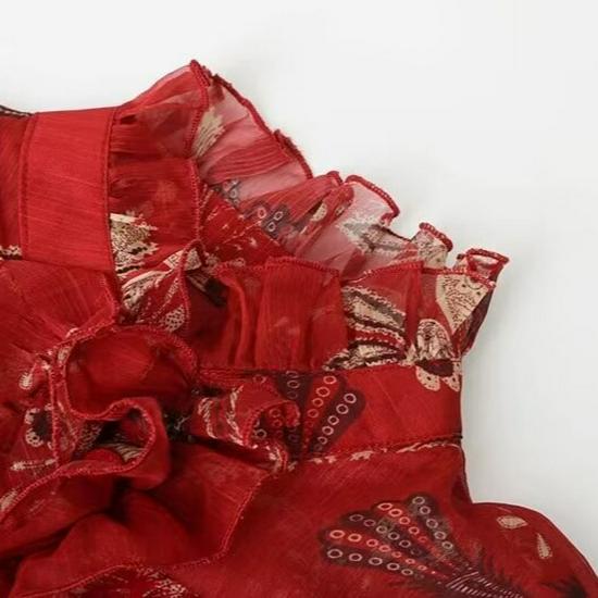 2024 Winter Women's European & American Style Tie-Up Printed Long Sleeve Dress