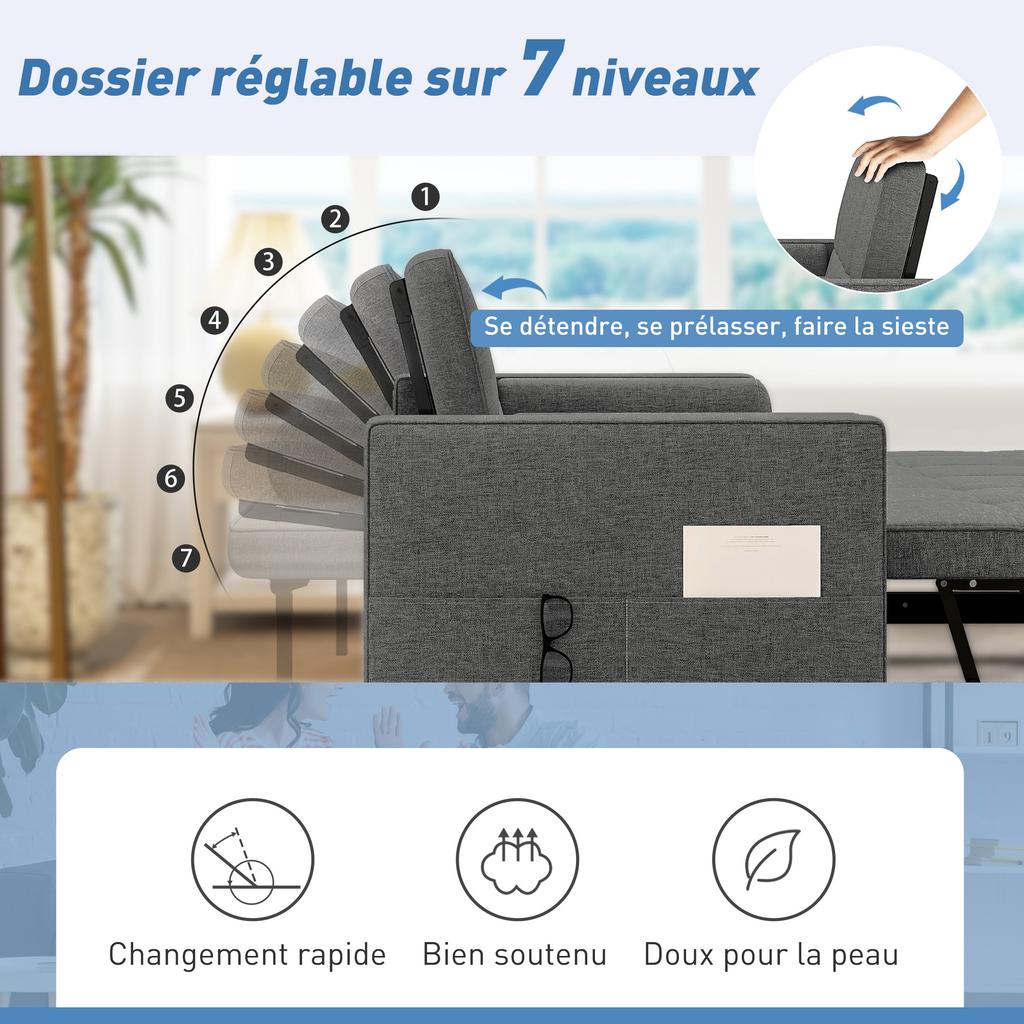 Convertible Sofa Bed, 2-Seater 3-in-1, Pull-Out Bed, 2 Cushions, 80.5 x 137.5 x 84 cm, Grey