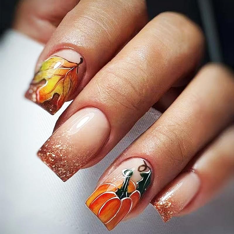 Maple Leaf Press on Nails Fall Leaves Stick on Fingernails Thanksgiving Short Square False Nails 24Pcs Glossy Silver Glitter Acrylic Fake Nail Autumn