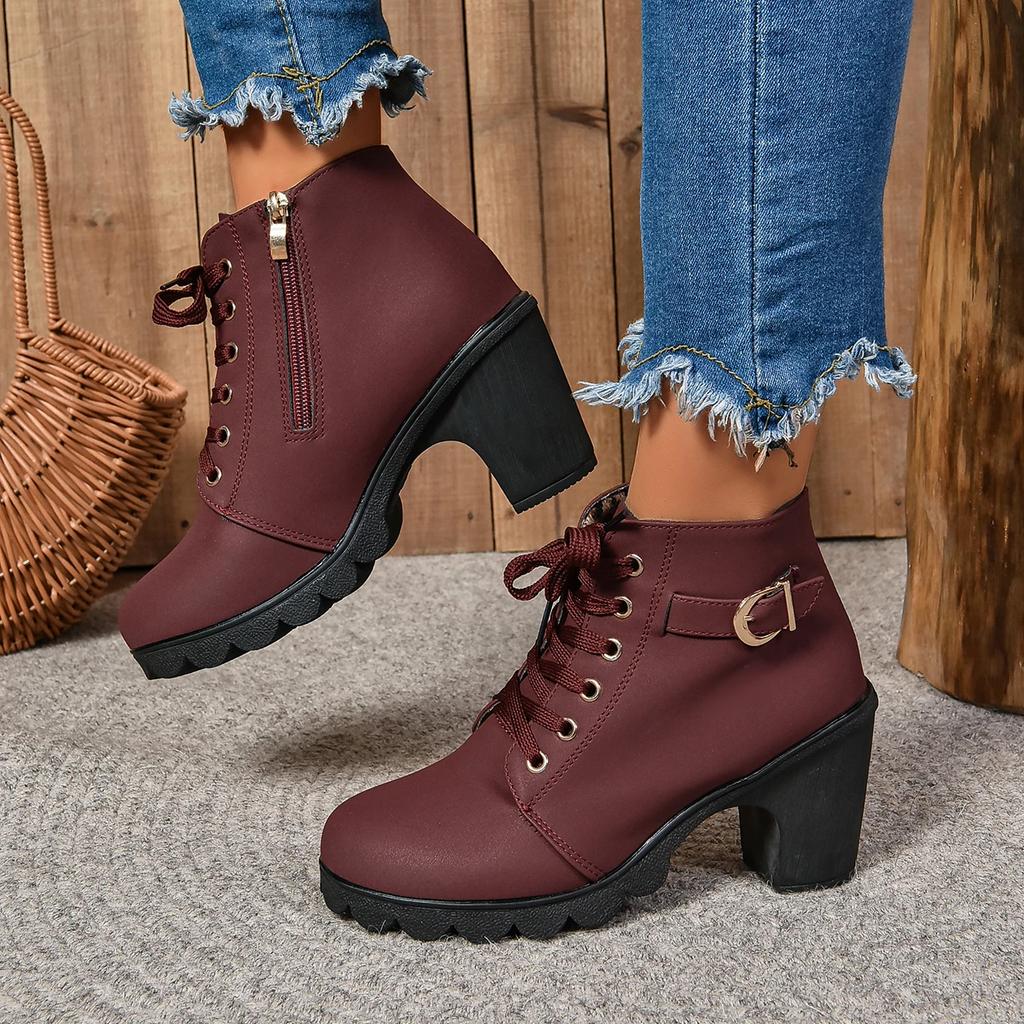 Women High Heel Ankle Boots Autumn Woman Fashion Short Boots Ladies Buckle Platform Artificial Leather Booties Botas De Mujer