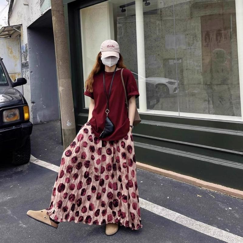 Large Size Versatile Slimming Temperament High Waist Polka Dot Summer Long Skirt Women's Printed Half Skirt