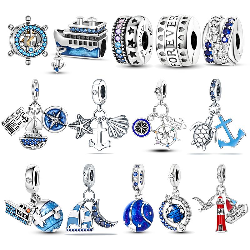 Copper Rudder Anchor Blue Cruise Ship Spacer Beads Pendants Charms Fit Original Bracelets Diy Jewelrymaking