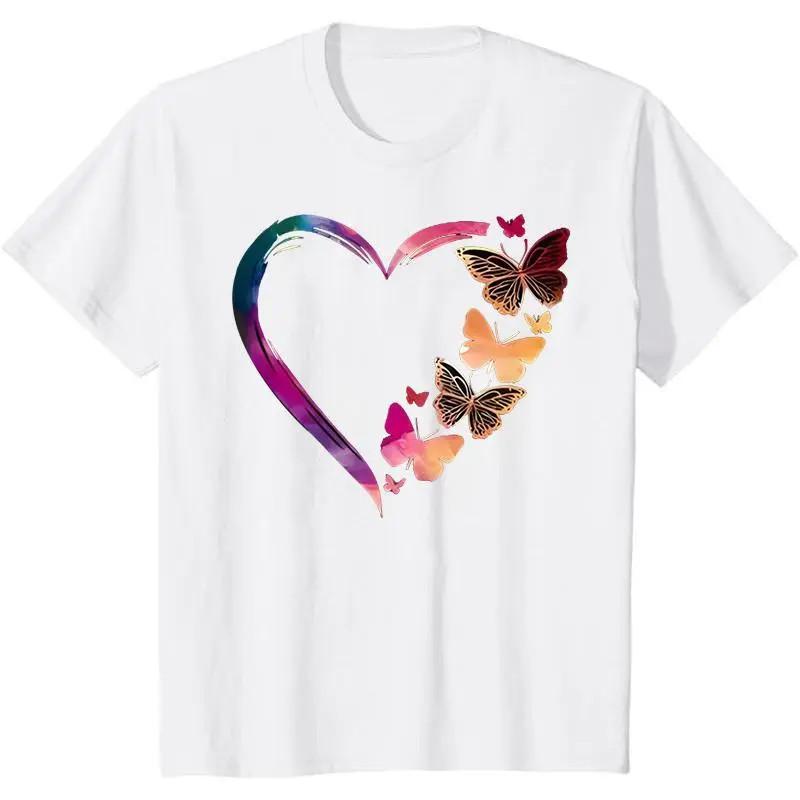 Women s Butterfly & Heart Print Drop Tee, Fashion Casual Round Neck T-Shirt S разноцветный