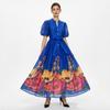 French Vintage Flower Maxi Dress Women Puff Sleeve V-Neck Elegant Floral Print High Waist Sashes A-Line Summer Beach Long Maxi Dresses