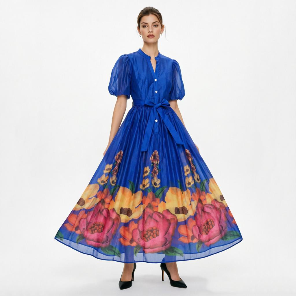 French Vintage Flower Maxi Dress Women Puff Sleeve V-Neck Elegant Floral Print High Waist Sashes A-Line Summer Beach Long Maxi Dresses