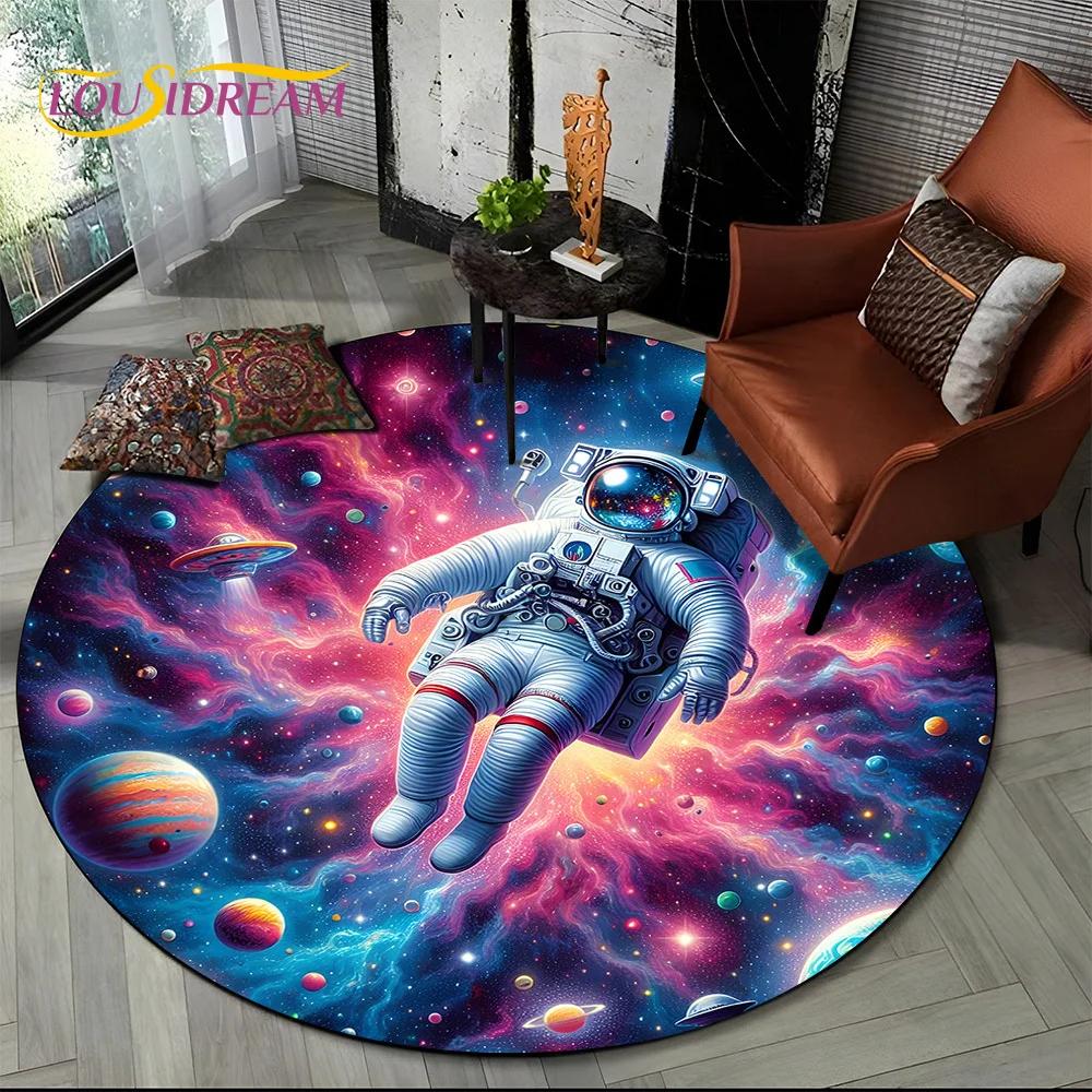 Astronaut Vesmír Kosmonaut 3D Vesmír Kreslený Kulatý Oblastní Koberec Kobereček pro Obývací Pokoj Ložnici Dětský Dekor, Podložka pro Domácí Zvířata Protiskluzová