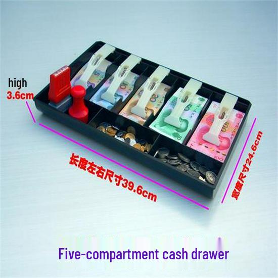 Kassenschublade mit fünf Fächern und Metallklammern