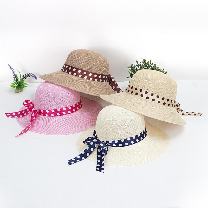 Fashion Dot Ribbon Bowknot Straw Hat for Women Summer Travel Beach Mesh Breathable Large Brim Sunshade Cap Girls Fisherman Hat