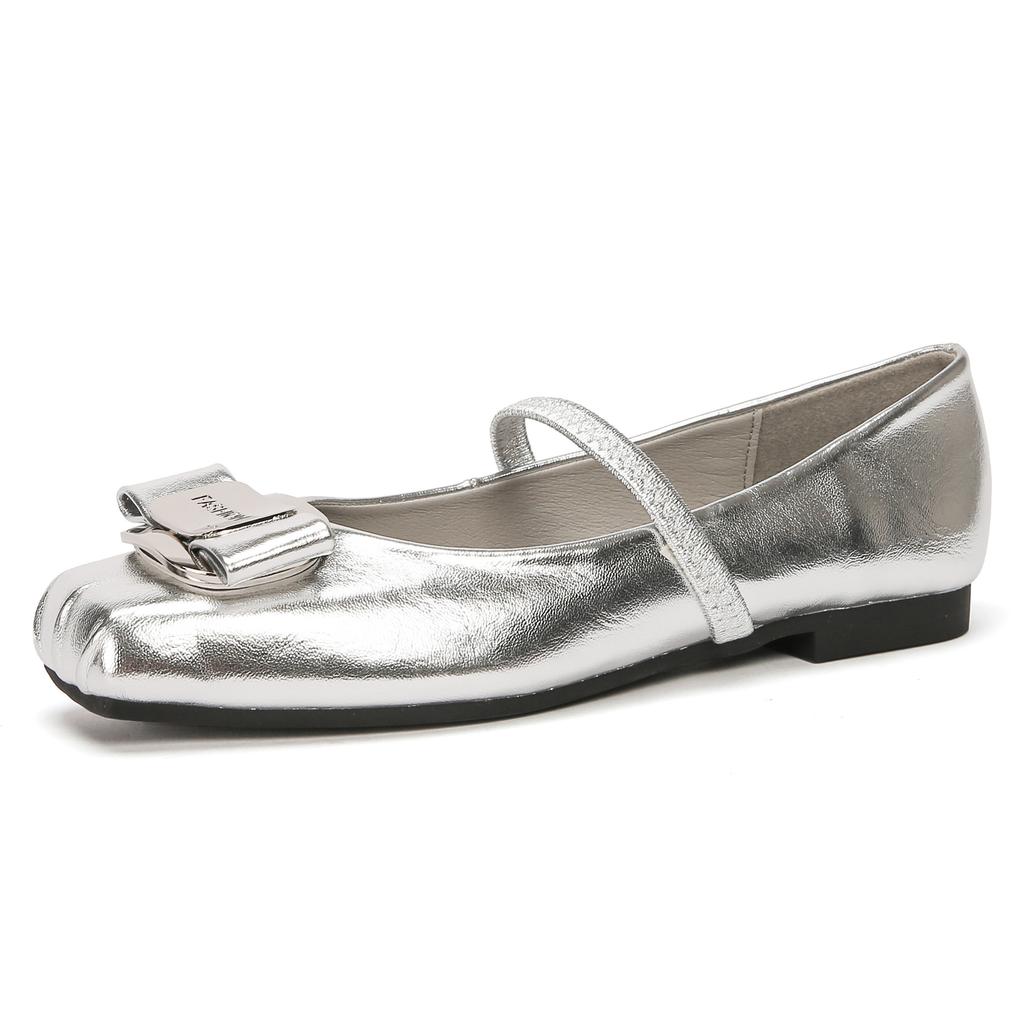 H83-5 Internet-Promi-Ballerinas mit weicher Sohle, bequeme silberne Damenschuhe mit Metallschnalle, Doudou-Schuhe Damen