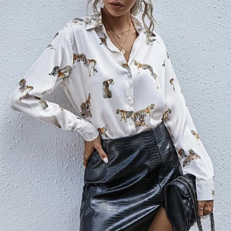 Long Style Temperament Long Sleeved Lapel Tiger Pattern Printed Shirt for Women