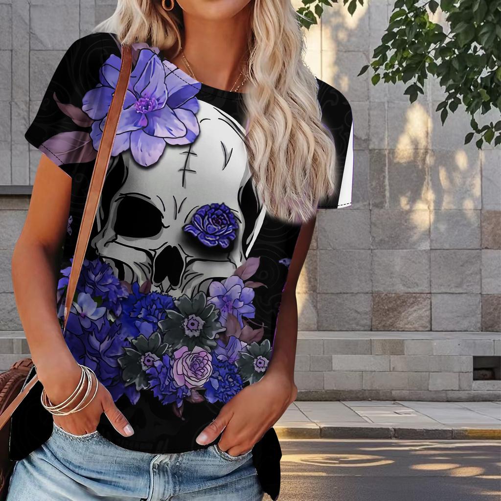 T-shirt Estiva da Donna Stampa Teschio di Rosa Moda Retrò Maniche Corte Magliette Casual Stampate Top