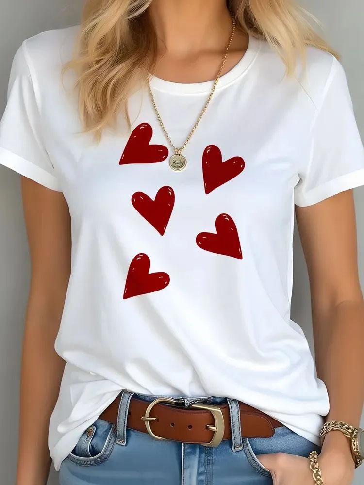 Women Heart Print T Shirt Multi Styles Love Graphic Tees Summer Soft Cotton O Neck Short Sleeve Casual Loose Daily  Tops  Ladies