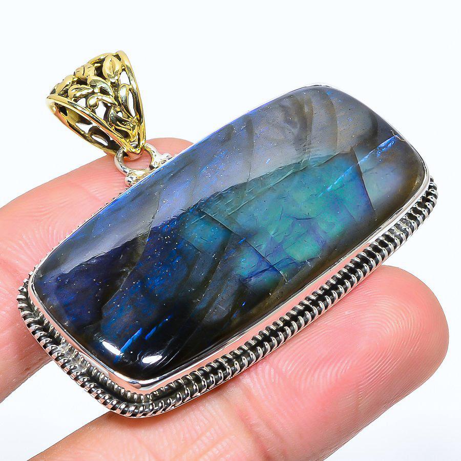 

Натуральный Лабрадорит Драгоценный Камень 925 Стерлинговое Серебро Двухцветная Подвеска 1.77 P5n60