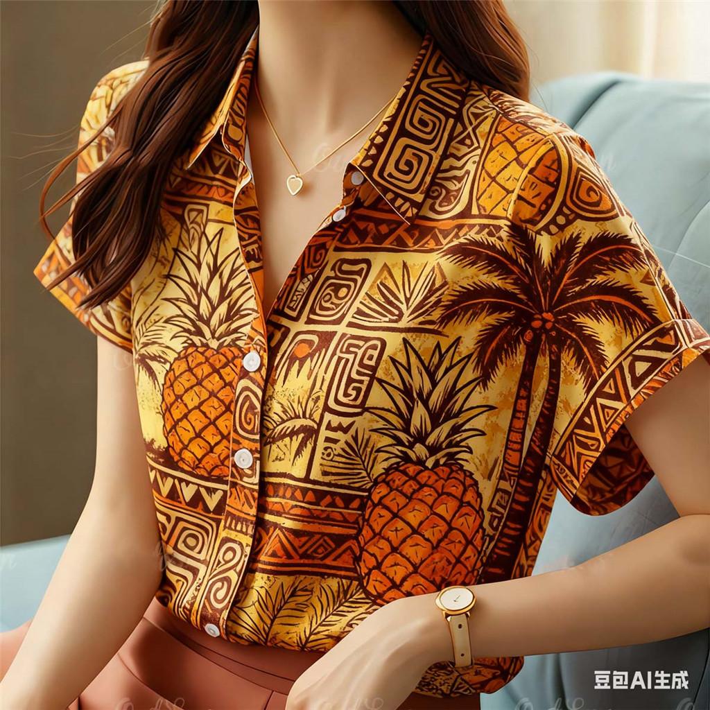 Hawaiian Print Oversize Short-Sleeve Shirt for Women S