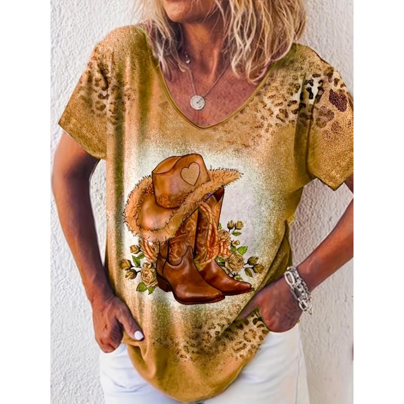

Летняя женская футболка Западные ковбойские сапоги с цветочным принтом Ретро мода Повседневная Оверсайз V-образный вырез Женская одежда XS