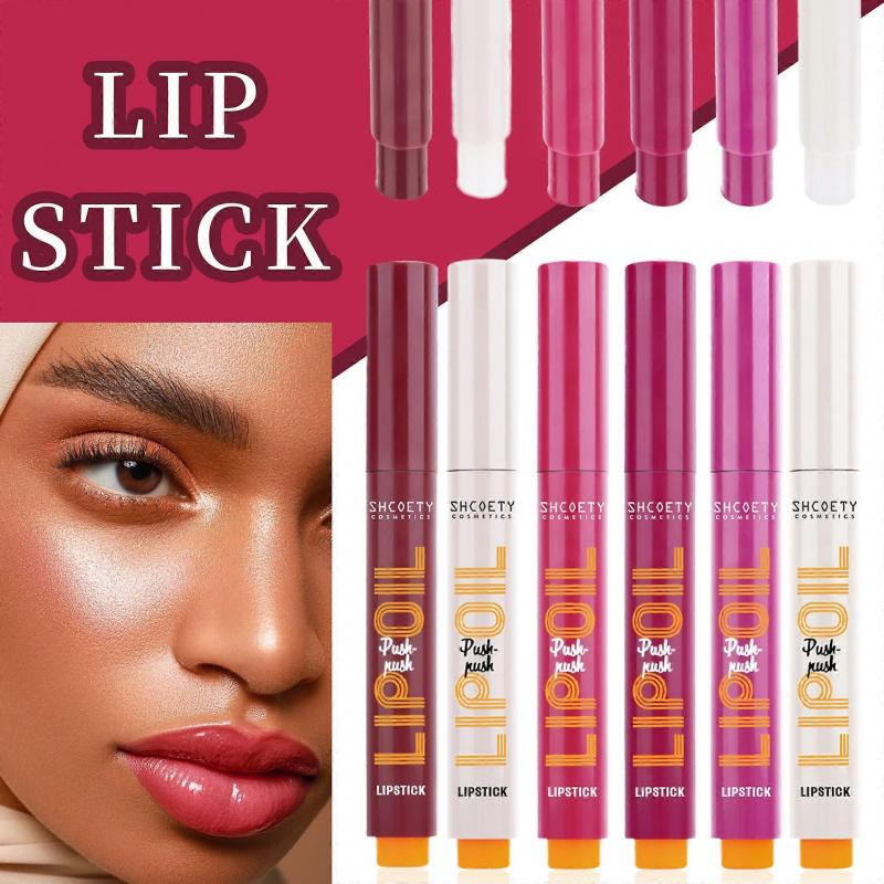 6 Farben Fettiges Lippenöl Click Slick, Press-Lippenstift-Set, Feuchtigkeitsspendender Lippenbalsam, Hochpigmentiertes Glanz-Lippenöl, Langanhaltend, Leichtes und Glänzendes Lippen-Plumper mit