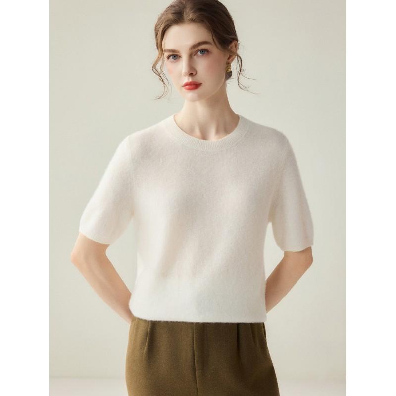 2026 Fall Winter Silk Cashmere Short Sleeve Sweater Women Crew Neck Solid Color Knit Top Commuter Thin