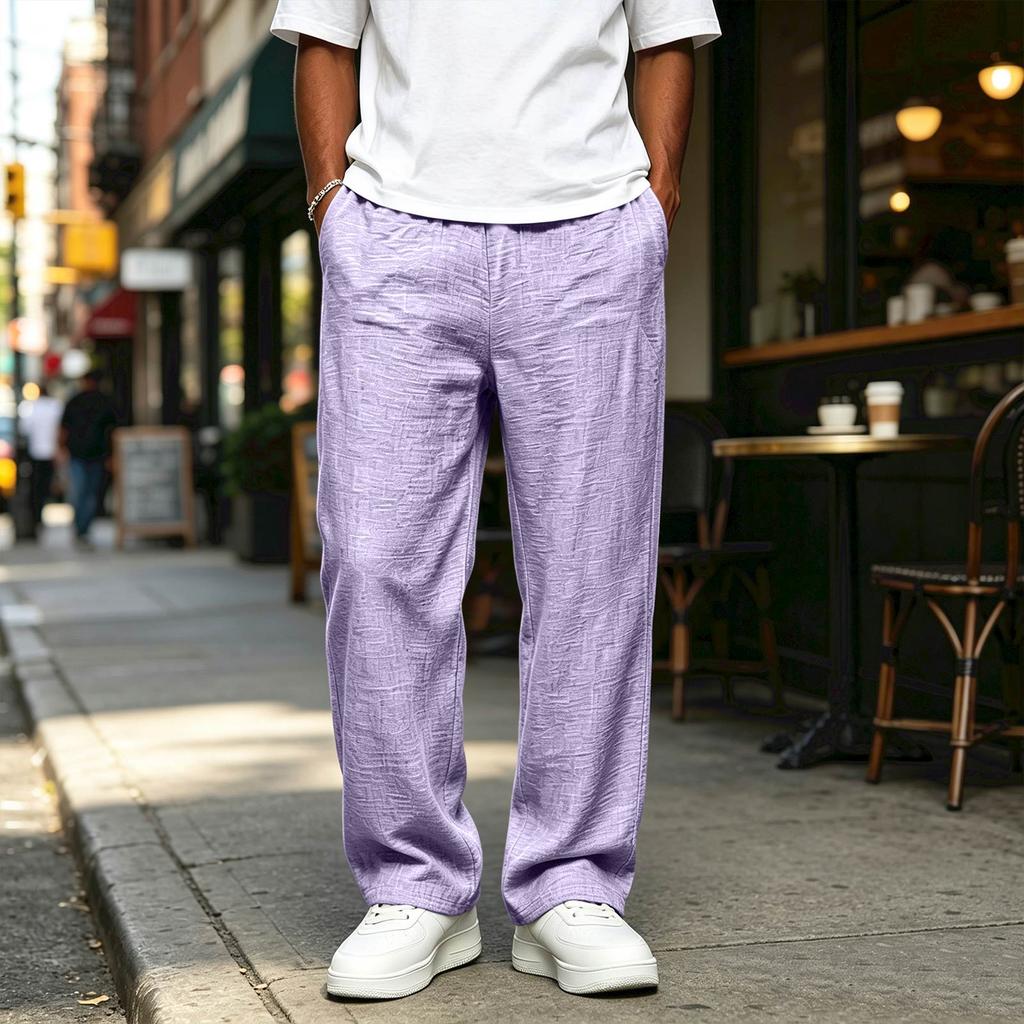 Men's Cotton Linen Casual Pants with Pockets Color Breathable Trousers for Summer