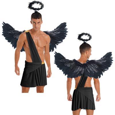 Mens Halloween Angel Costume One Shoulder Strap Ruffle Skirt Feather Angel Wings Hair Hoop Set