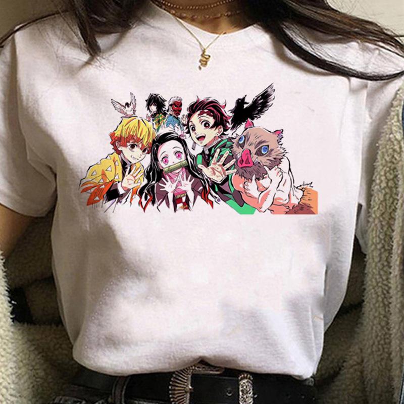 Kawaii Casual Anime Demon Slayer Kimetsu No Yaiba Graphics Female T-Shirt Summer Loose Blouse White Tees O-Neck Women Goth Tops