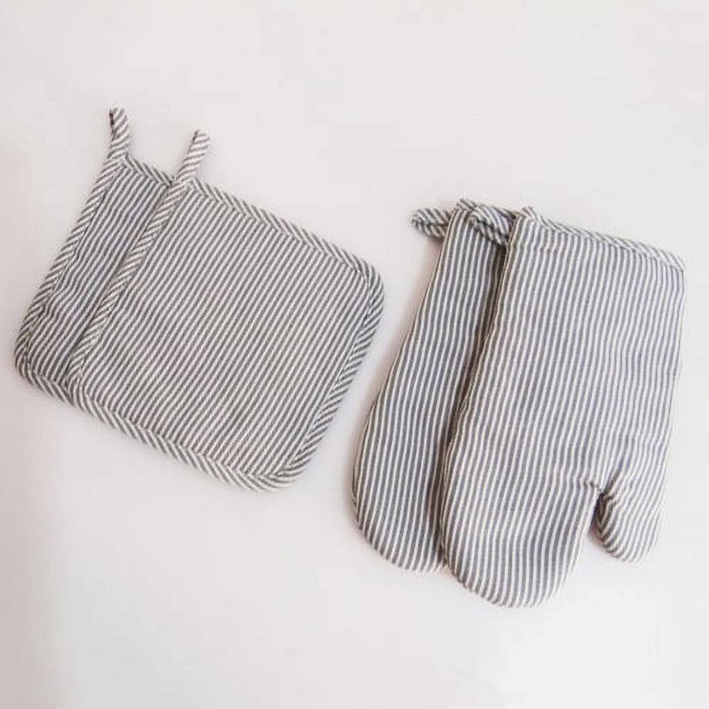 Oven Gloves And Insulation Mat Set Striped Style High-Temperature Resistant Cotton And Linen Kitchen Baking Gadgets