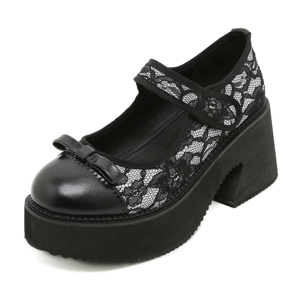 Gdgydh Platformové podpatky pro ženy Krajkové Květinové Silná Podrážka Robustní Podpatky Boty Mary Jane do školy Gumová Podrážka Bílé Svatební Boty