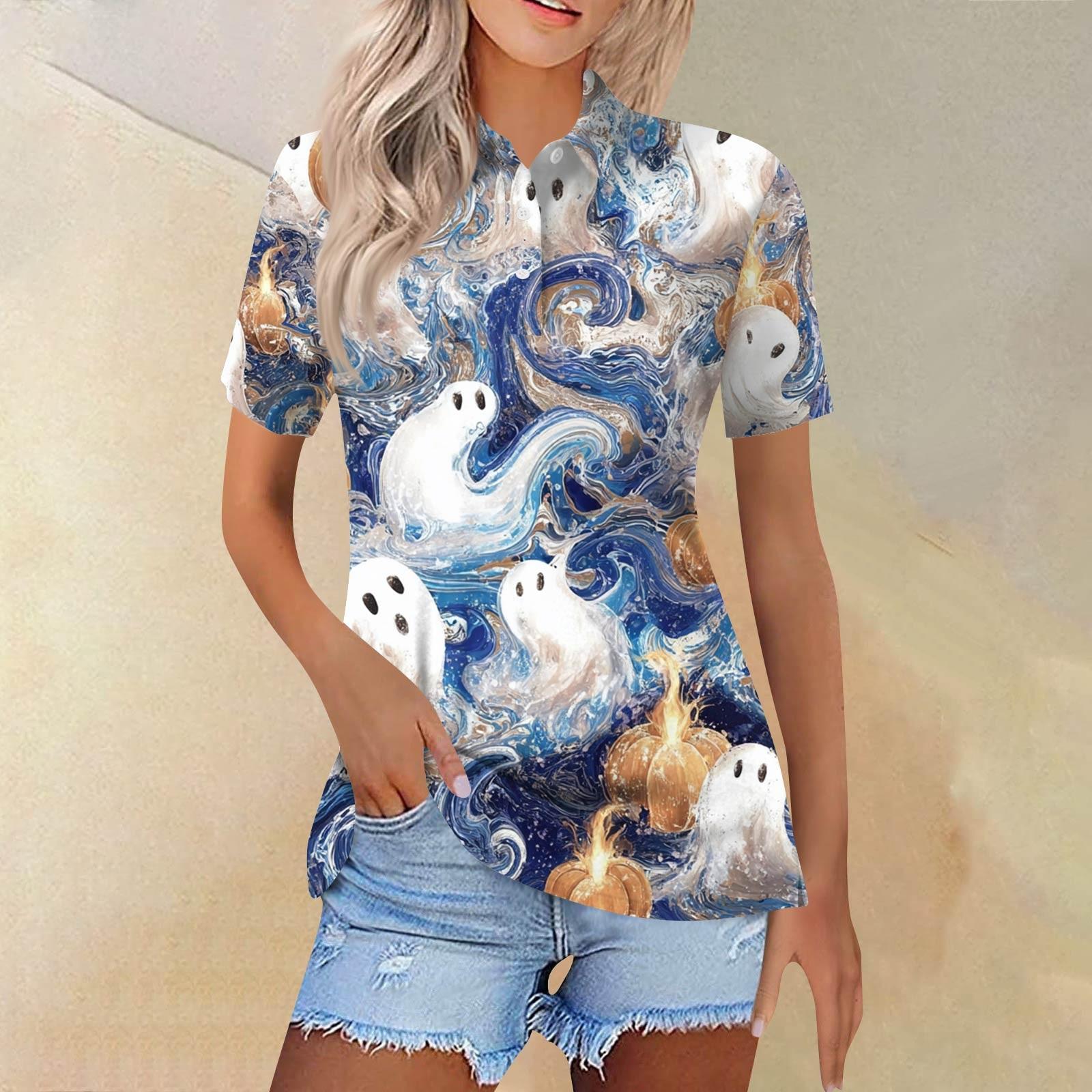 

Женская модная повседневная рубашка с отворотом и коротким рукавом с принтом, женские топы на пуговицах S синий