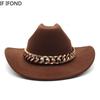 Vintage zachodni kapelusz kowbojski z grubym złotym łańcuszkiem zakrzywiony okap Cowgirl czapka jazzowa kobiety filcowe kapelusze Fedoras