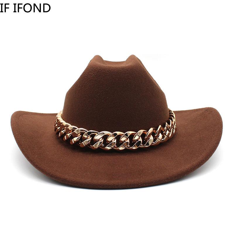 Vintage zachodni kapelusz kowbojski z grubym złotym łańcuszkiem zakrzywiony okap Cowgirl czapka jazzowa kobiety filcowe kapelusze Fedoras