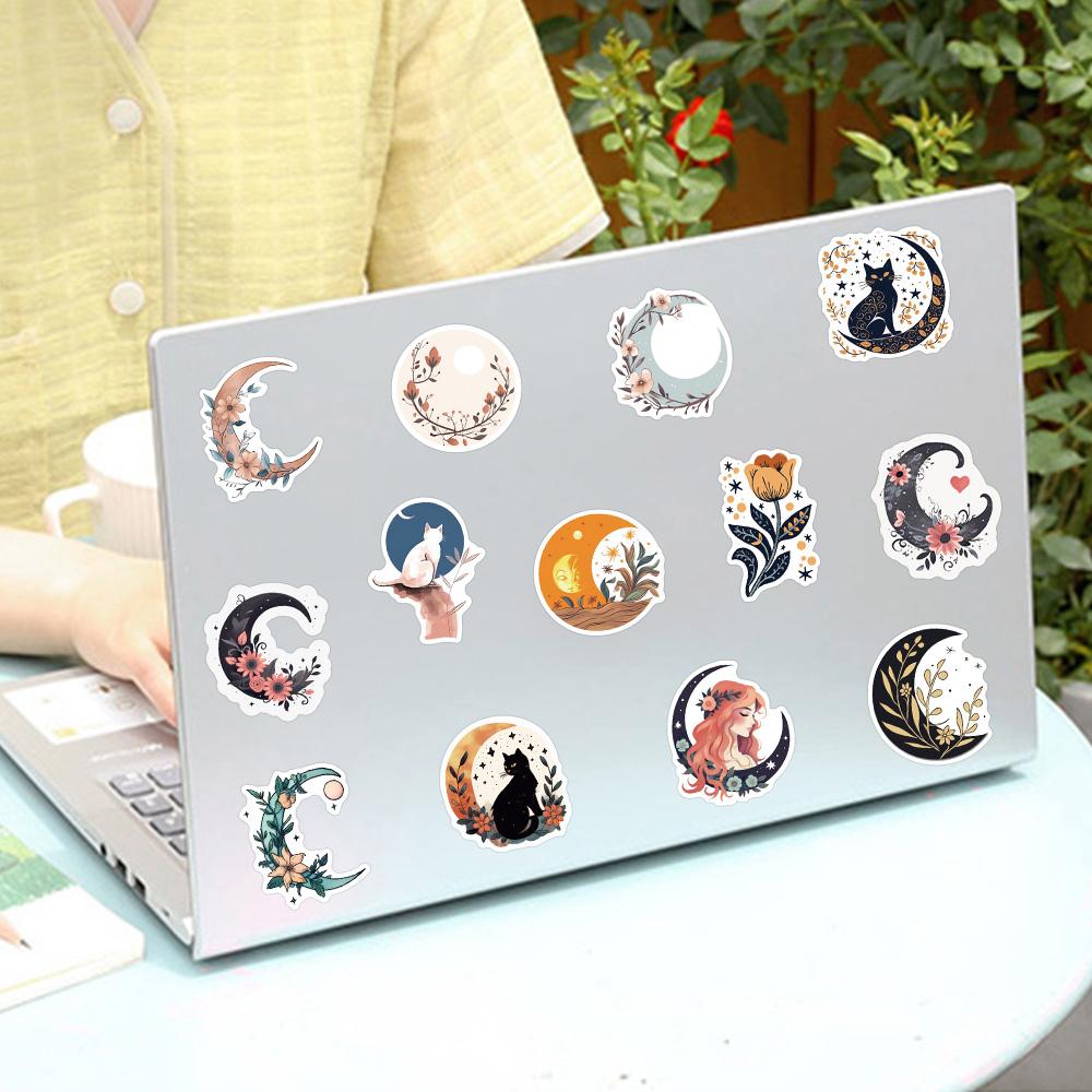 50Pcs Art Flowers Moon Cat Vintage Stickers Aesthetic Retro Boho Cartoon Decal For Refrigerator Scrapbooking Notebook Sticker