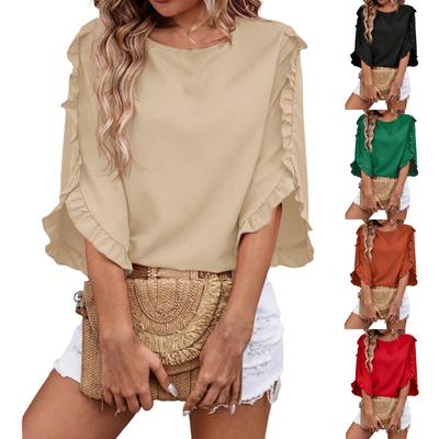 Women's Fashion New Round Neck Lace Irregular Seven Quarter Sleeve Top