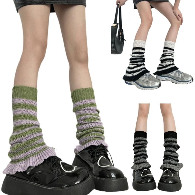 Girls Lolitas Leg Warmers Y2K Stripe Knitted Flared Leg Sleeves Goth Baggy Cuff Ankle Heap Socks JK Uniform Foot Cover