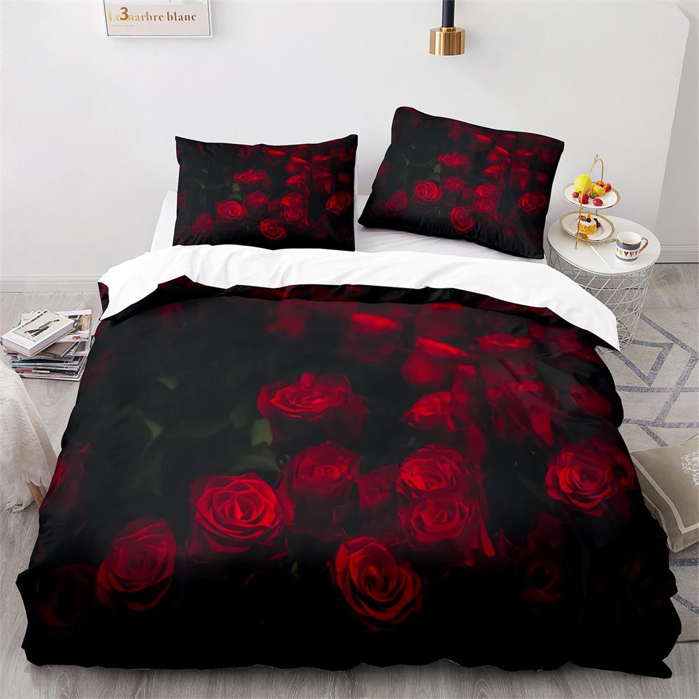 Rote Rose Königin König Bettbezug 3D Schönes Blumen-Thema Bettwäsche-Set Für Frauen Mädchen Romantische Florale Bettdecke Kissenbezug