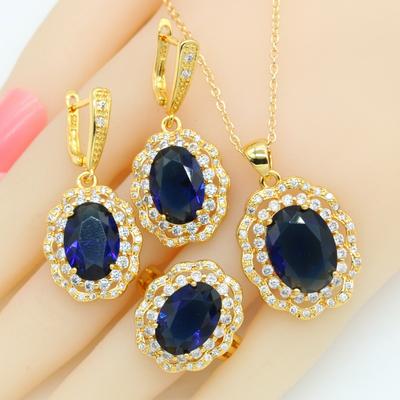 Geometrisches Schmuckset in Goldfarbe für Damen Königsblaue Halbedelstein-Ohrringe Halskette Anhänger Ringe Geschenkbox