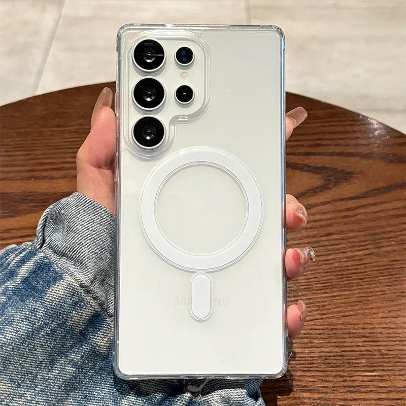 Magsafe Magnetic Charge Phone Case For Samsung Galaxy S25 Edge S23 S24 Ultra S22 S21 FE A16 A15 A35 A55 Clear Acrylic Slim Cover