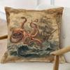 1Pc Octopus Kraken Attack Ship Pillow Cover, 18X18 Inch, Short Plush Decorative Cushion Case, Single-Sided Printing, Vintage Nau