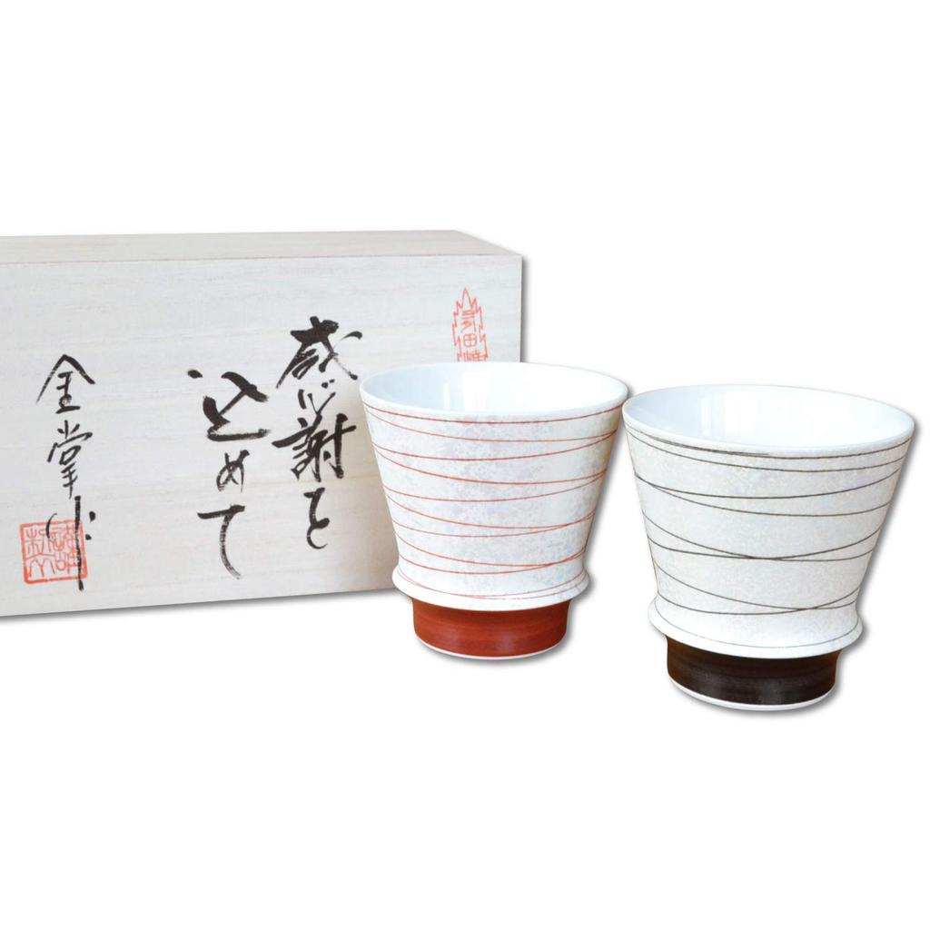 A perfect gift for and A pair of Arita ware shochu set of in a wooden parents, grandparents, first-time employees. glasses, "Kotobuki" (a two), box.