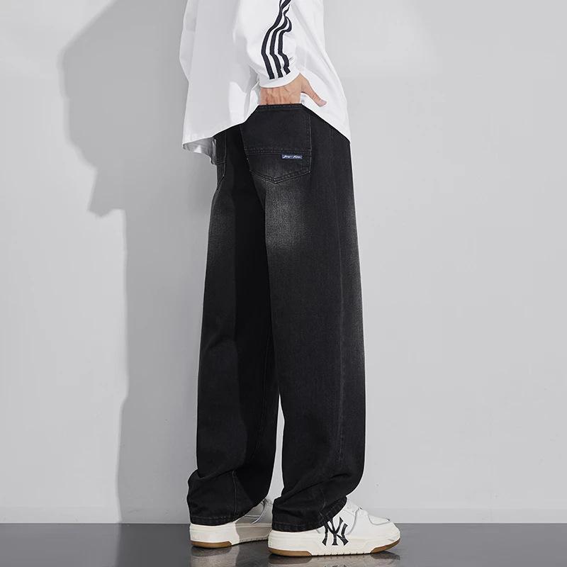 Washed Drawstring Elastic Waist Jeans Men's and Women's Loose Wide Legs Spring and Summer Micro-pull Retro Straight Long Pants