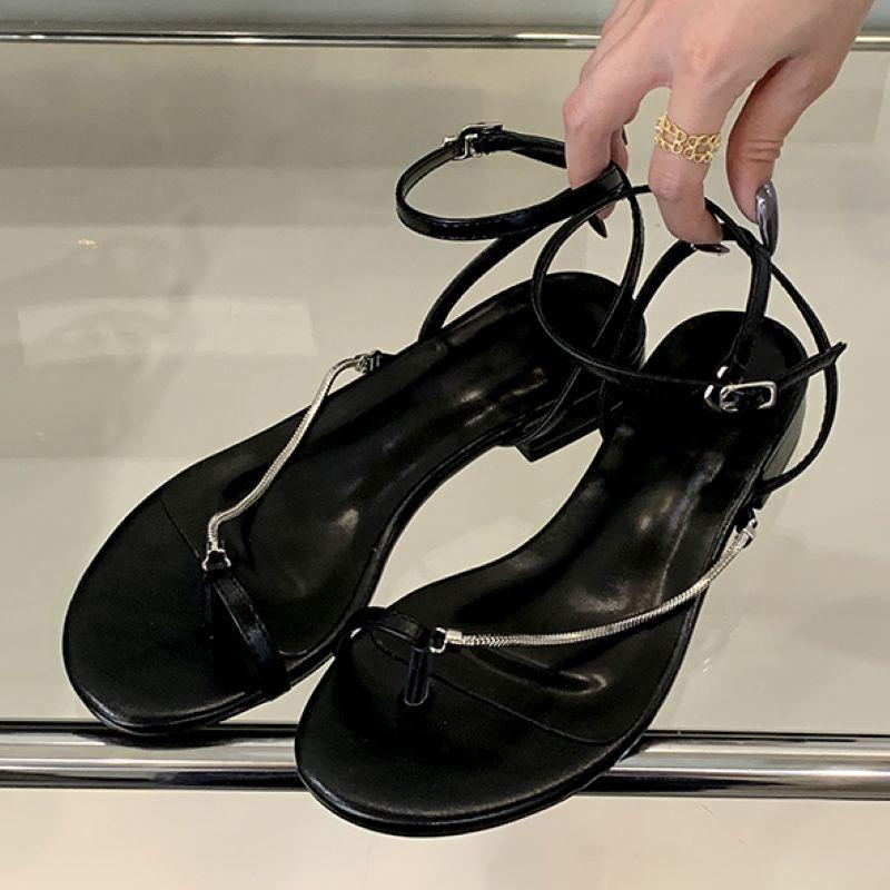 Eilyken Silver Chain Narrow Band Clip Toe Women Sandals Summer Buckle Strap Thin Low Heels Party Dress Shoes