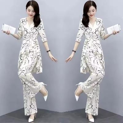 Women's Summer High-Waisted Drape Set: Mid-Sleeve Chiffon Blouse + Wide-Leg Pants—An Elegant Two-Piece Set