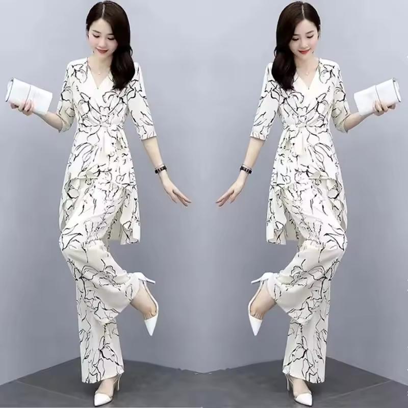 Women s Summer High-Waisted Drape Set: Mid-Sleeve Chiffon Blouse + Wide-Leg Pants—An Elegant Two-Piece Set XS