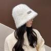 Rabbit hair bucket hat women's winter plain and versatile furry thermal basin hat showing face small bucket hat