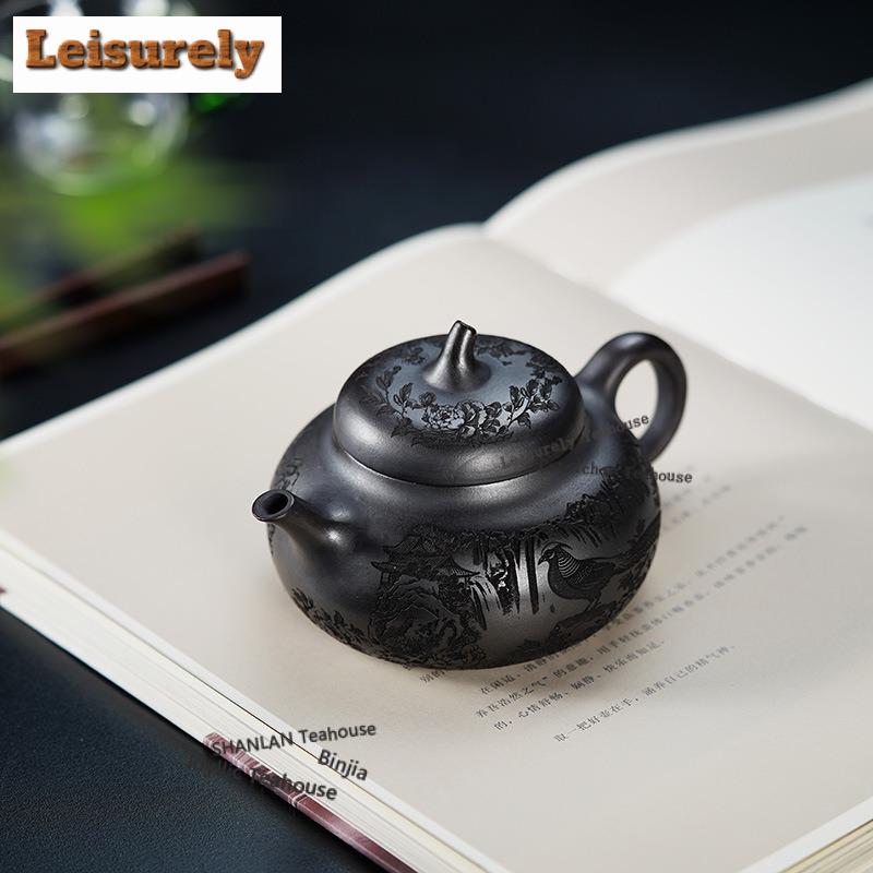111ml Yixing Purple Clay Teapots Hand-carved Eggplant Pot Raw Ore Stone Yellow Mud Tea Soaking Kettle Chinese Zisha Teaset Gifts