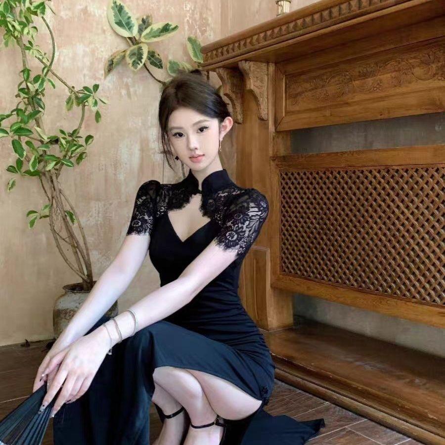 Fashion Royal Sister Wind Lace Splicing Pure Desire Sexy Hollow High Sense New Chinese Improved Cheongsam Split Dress