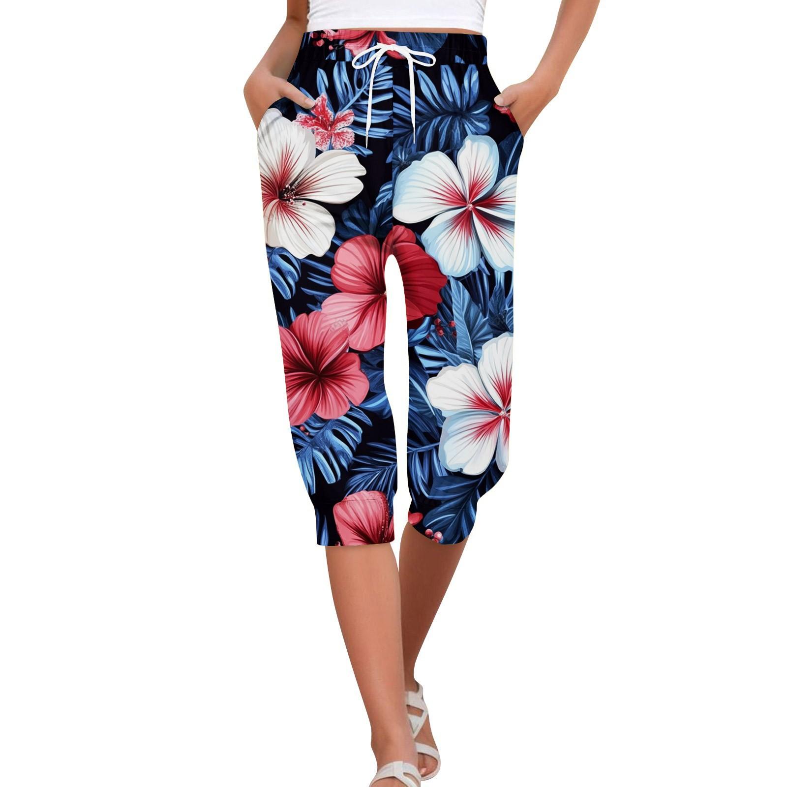 

Women s Summer Hawaiian Print Casual Loose Cropped Pants with Pockets L