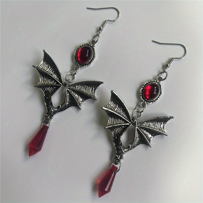 1 Pair of Retro Bat Wing Earrings, Personalized Red Pendant
